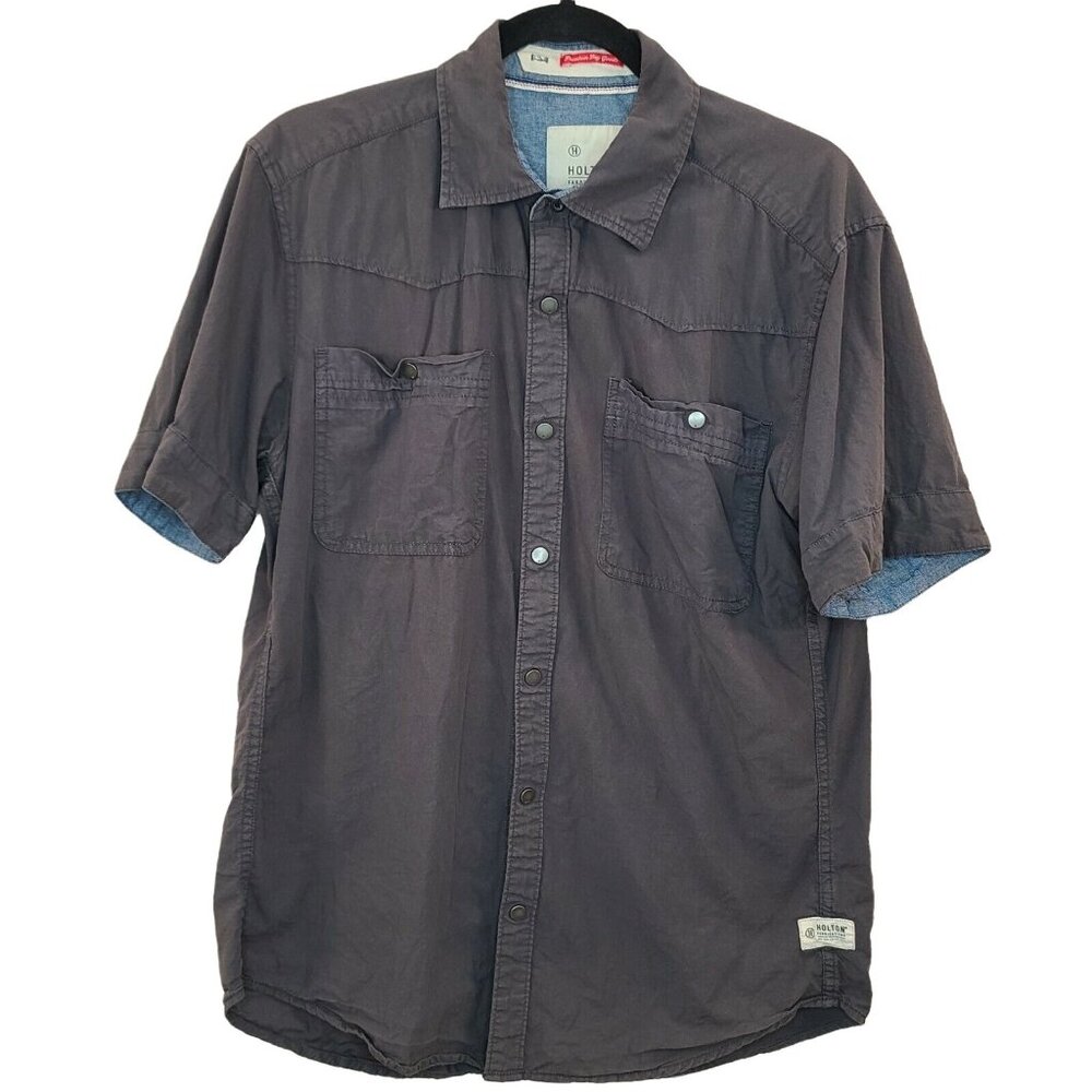 Holton Mens Shirt Medium Gray Button Front Short Sleeve Cotton Casual Work Basic